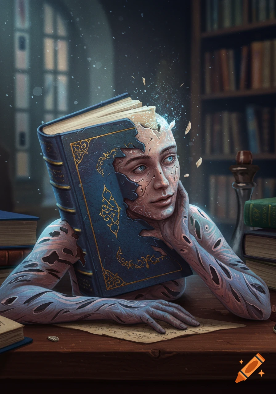 A human figure, a woman, whose head and body are transforming into an old, ornate blue book, sitting at a desk in a library.