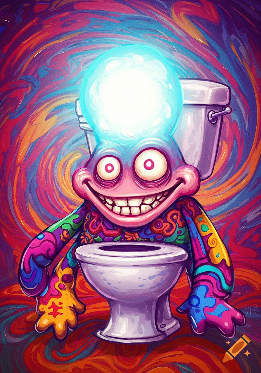 A vibrant, cartoonish frog-like creature with large eyes, a wide smile, and a glowing head stands in front of a toilet, against a swirling psychedelic background.