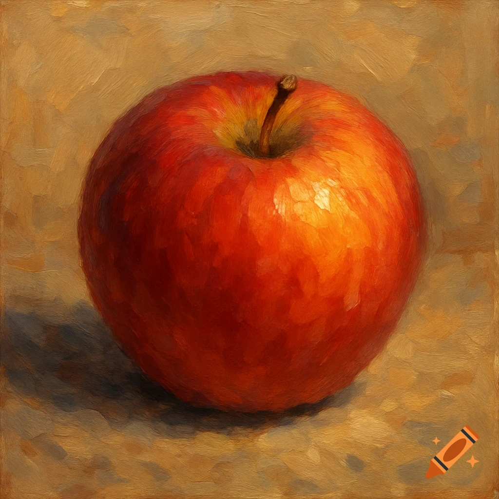 An oil painting of a single red and yellow apple on a textured brown background.