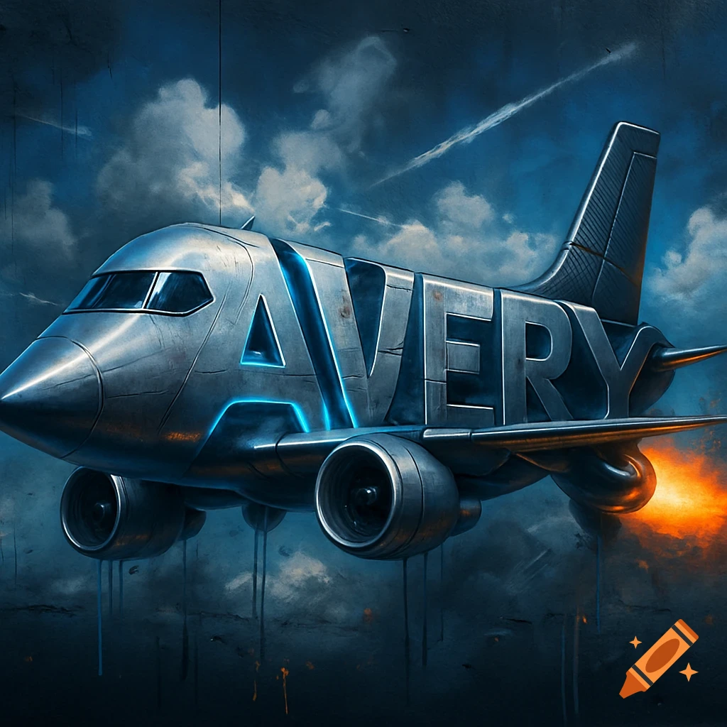 Hyper-realistic graffiti art of a sleek airplane formed by the word 'AVERY' with glowing blue lights and fiery exhaust, against a dramatic cloudy sky.
