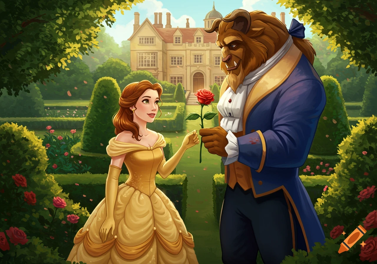 Belle in a yellow dress accepts a red rose from the Beast in a blue coat, standing in a lush garden with a mansion.