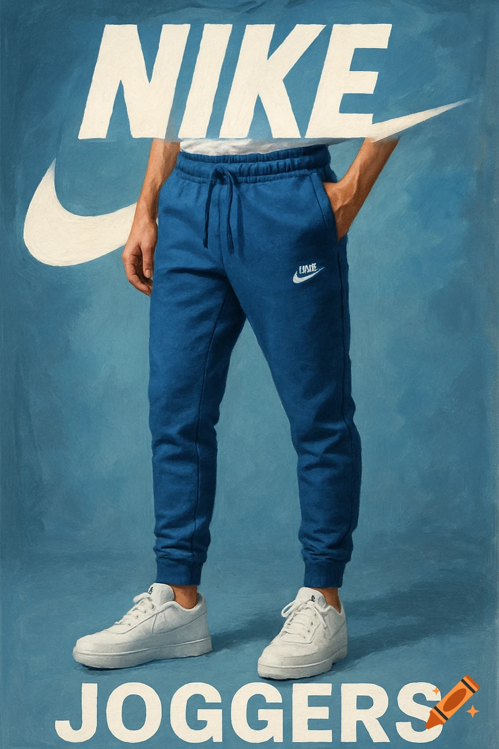 Close-up of a person wearing blue Nike joggers and white sneakers against a blue background, with 'NIKE' and 'JOGGERS' text.