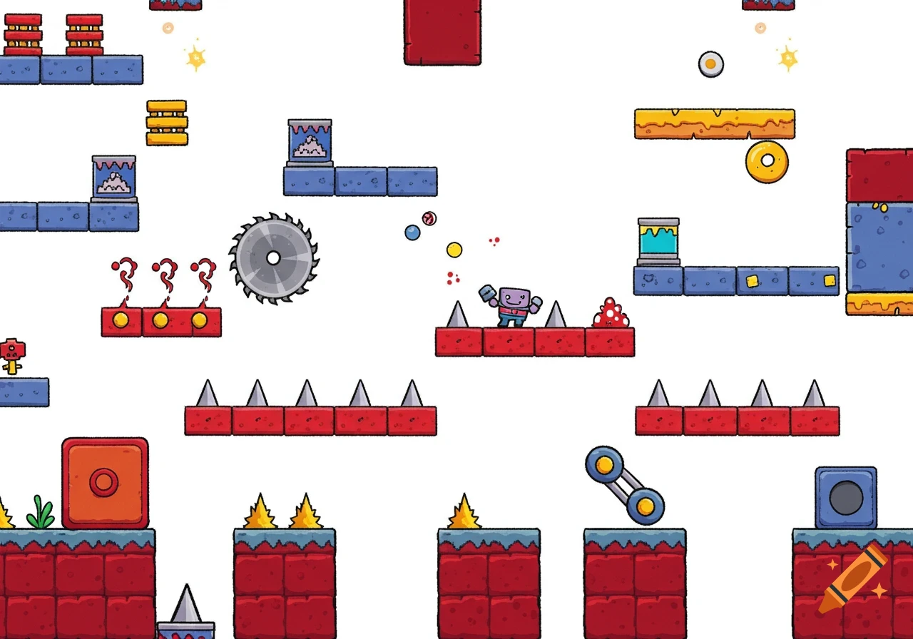 A colorful, cartoonish 2D platformer video game level with a purple character, red and blue blocks, spikes, and saw blades.