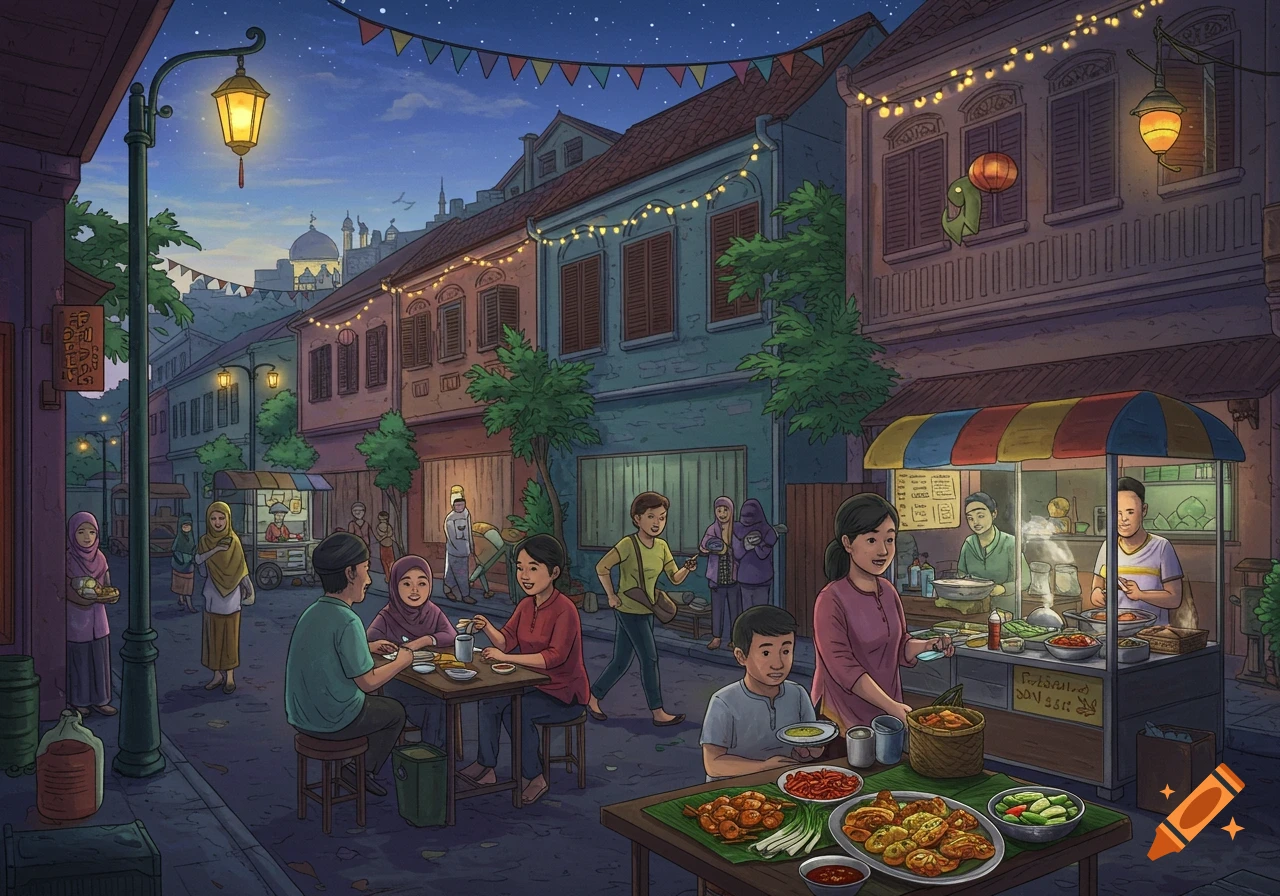 An illustrated bustling night street market with people eating and vendors selling food from stalls under string lights and a starry sky.