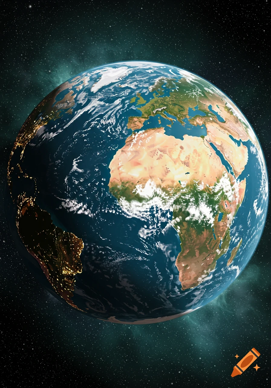 A detailed view of planet Earth from space, showing continents, clouds, and city lights on the night side.