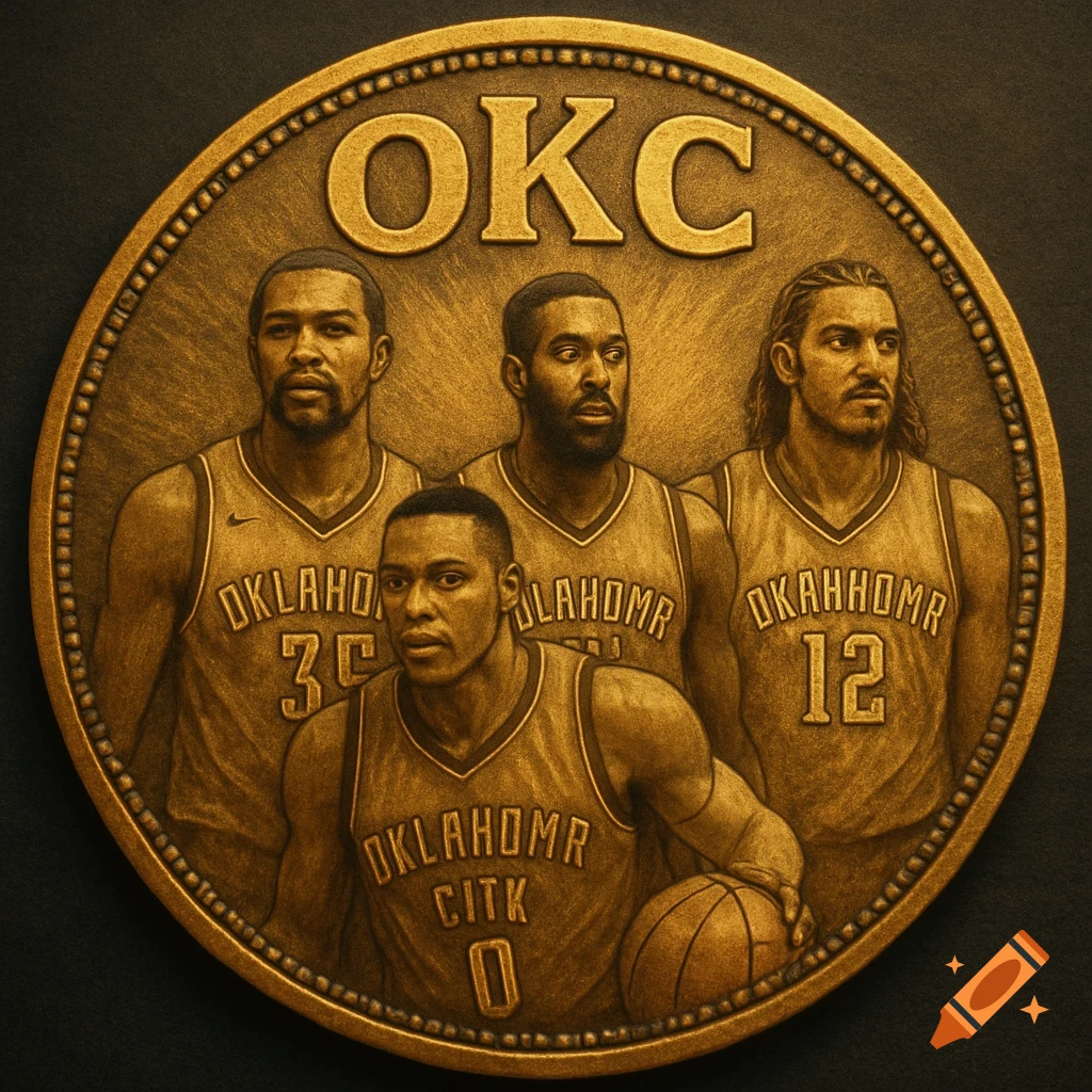 A bronze coin-like image featuring four basketball players in jerseys with numbers, with "OKC" embossed at the top.