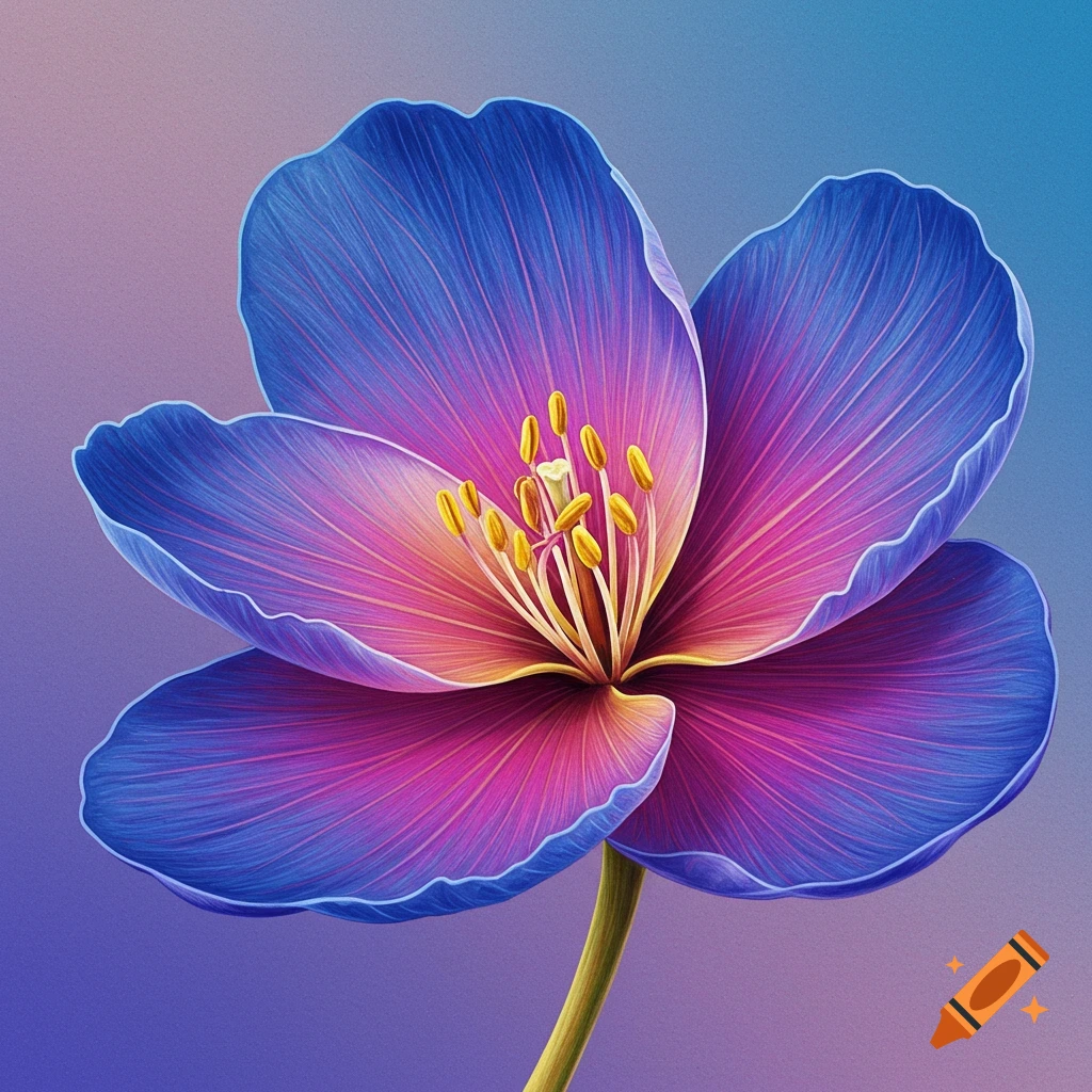 A vibrant blue and pink stylized flower with yellow stamens on a gradient purple background.