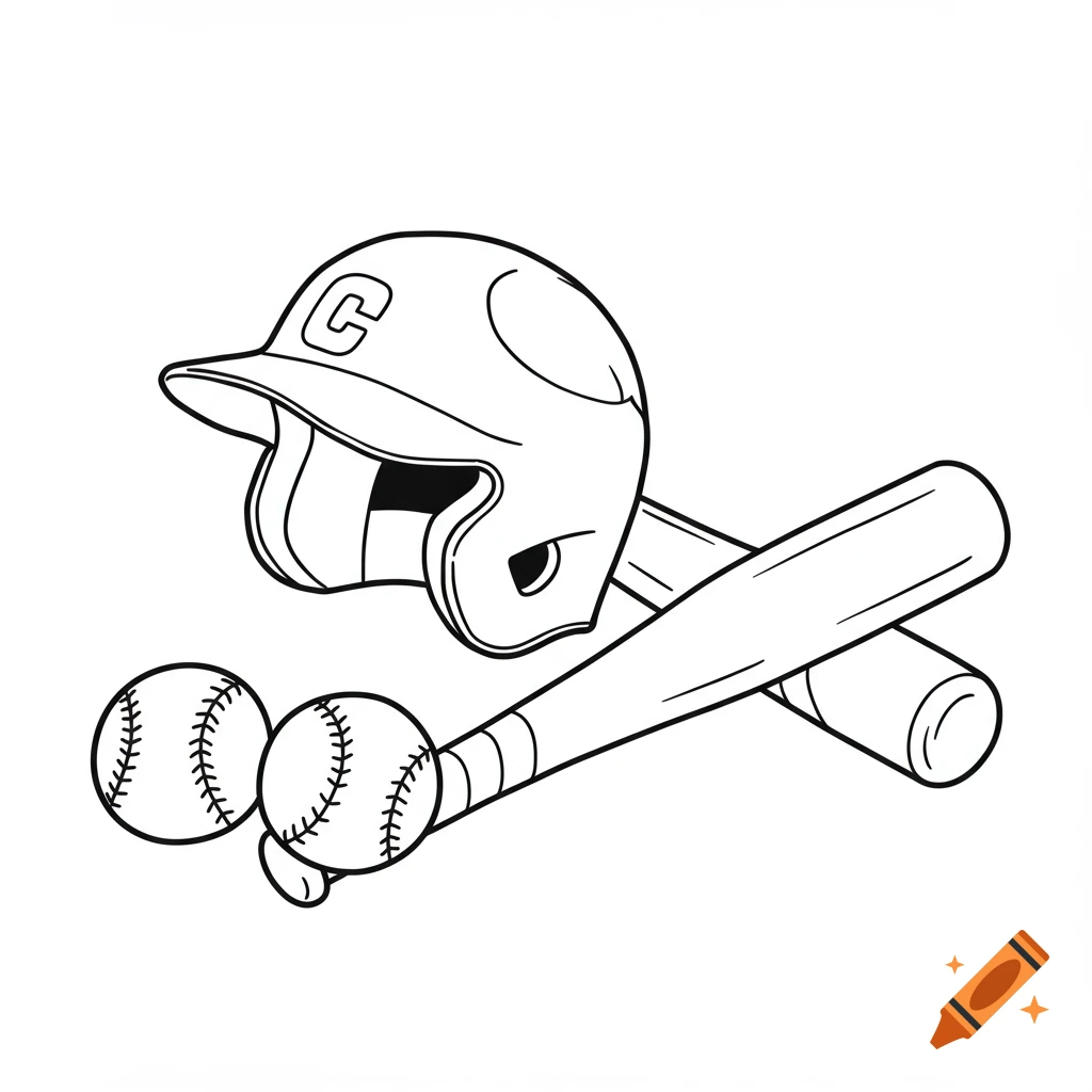 A coloring page illustration of a baseball helmet with a 'C' logo, two baseballs, and a bat crossed behind them.