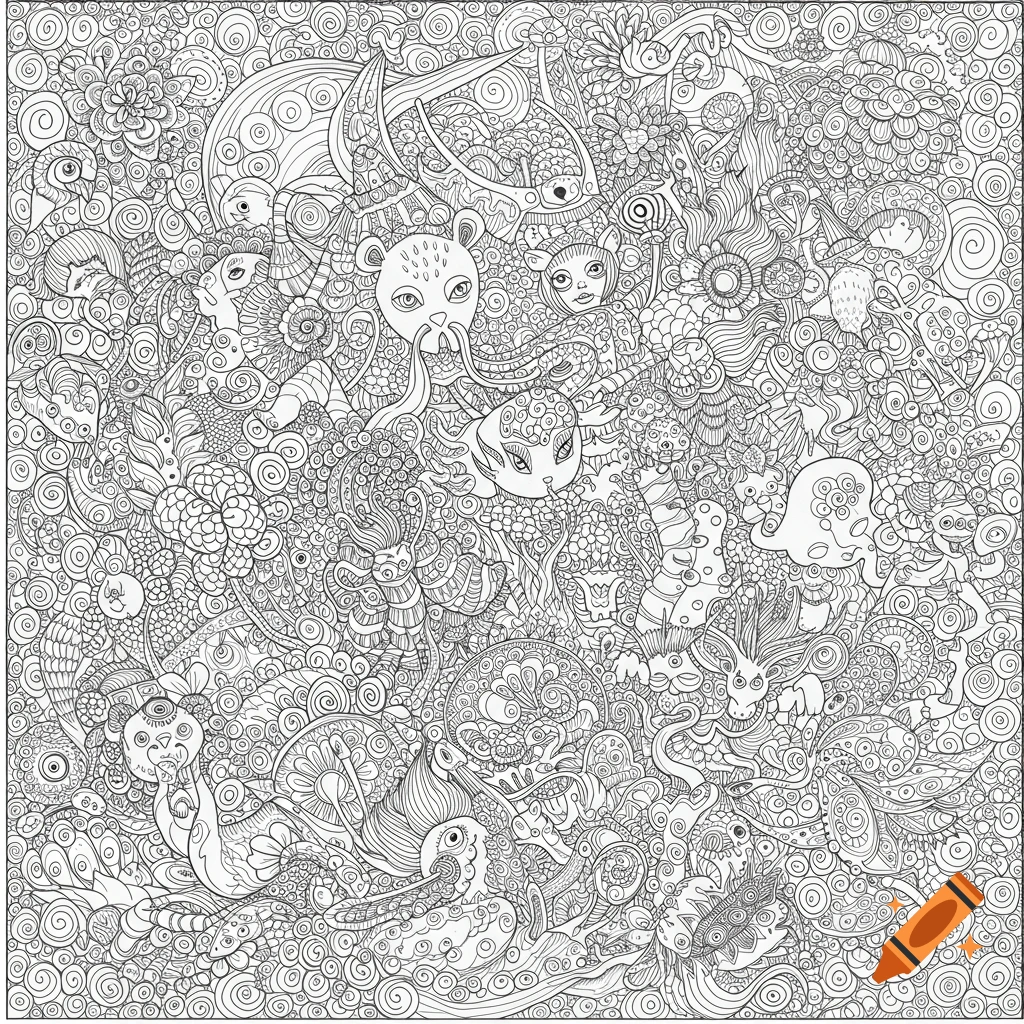 A highly detailed, intricate black and white line drawing of fantastical creatures and abstract patterns, resembling a coloring book page.