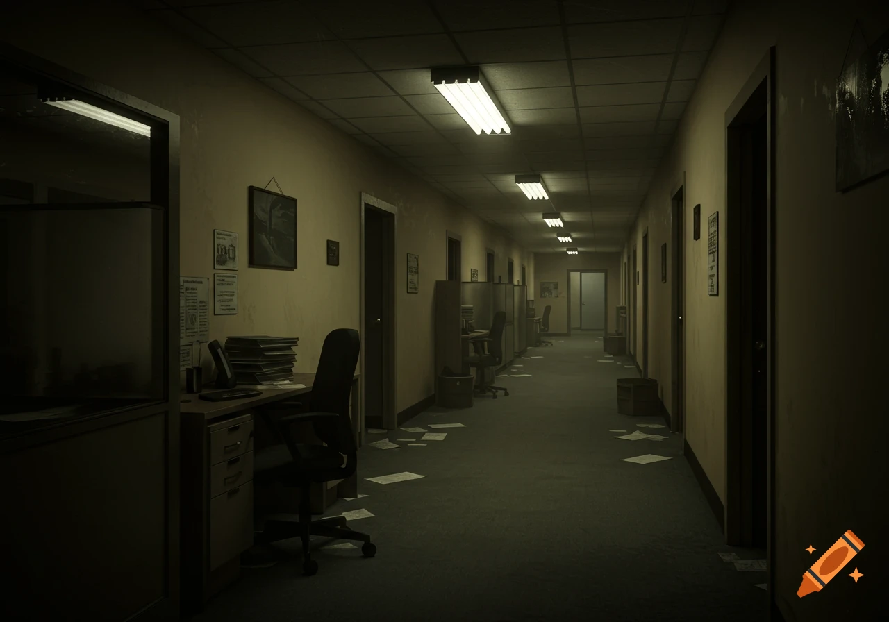 Dimly lit, empty office hallway with fluorescent lights, scattered papers on the floor, and open office spaces on either side.