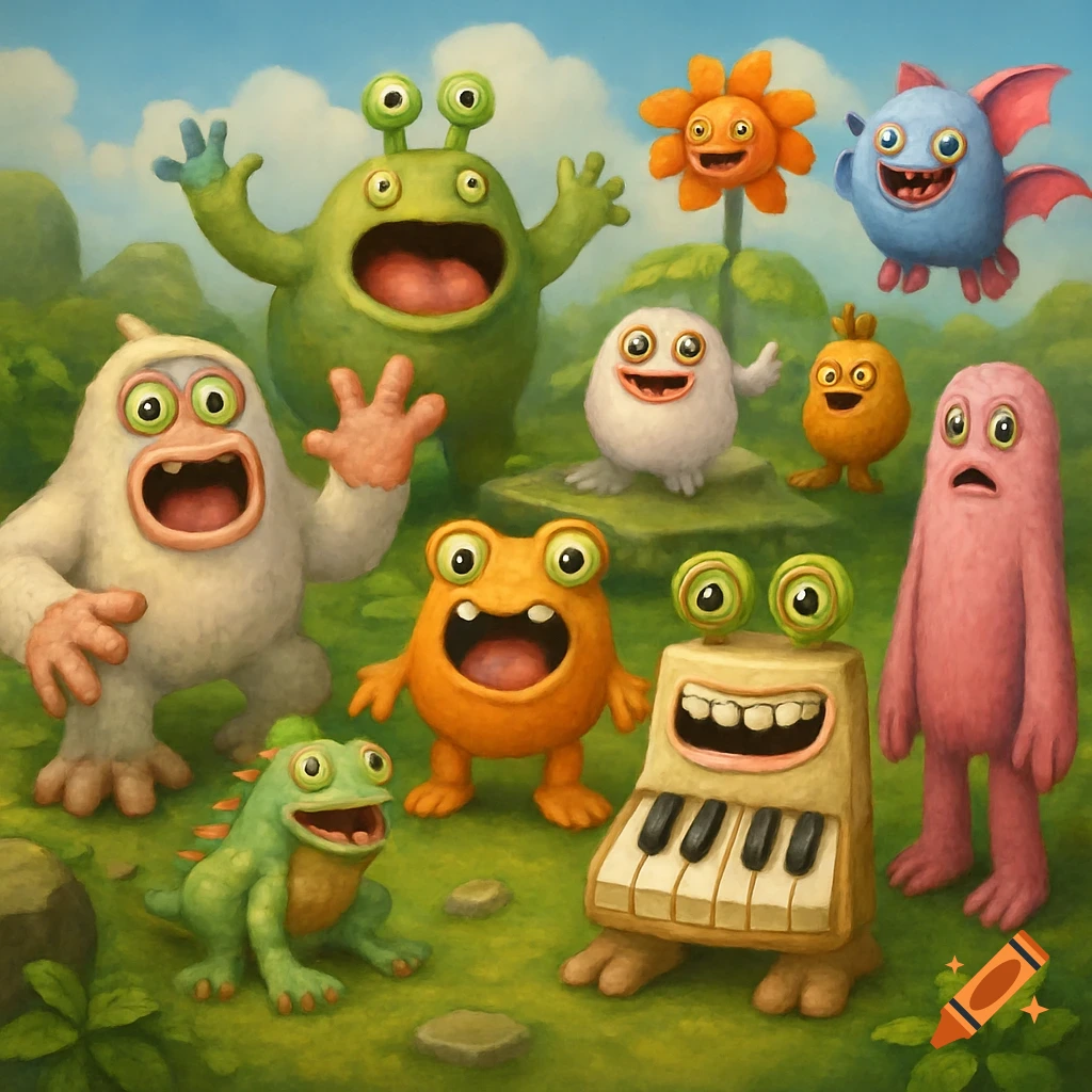 A colorful group of whimsical, cheerful monster characters with big eyes and mouths in a lush green landscape under a blue sky.