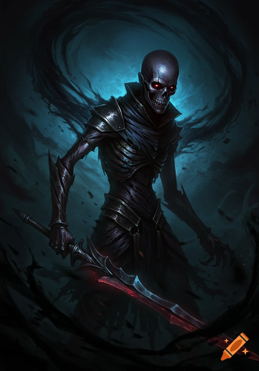 A dark fantasy illustration of a skeletal warrior with glowing red eyes, holding a glowing sword, surrounded by dark wisps.