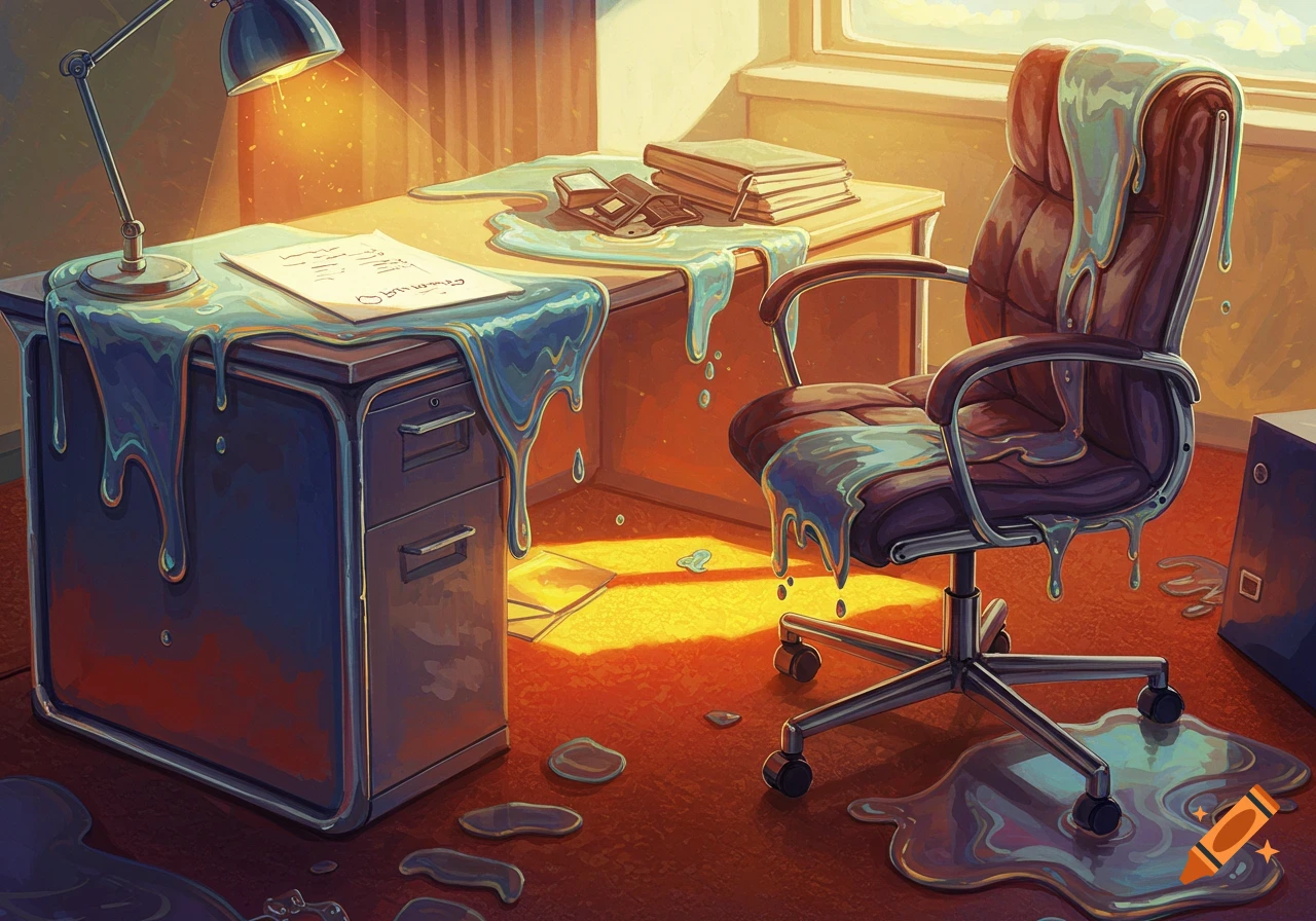 Office furniture melting in an illuminated room, in a surreal illustration style.