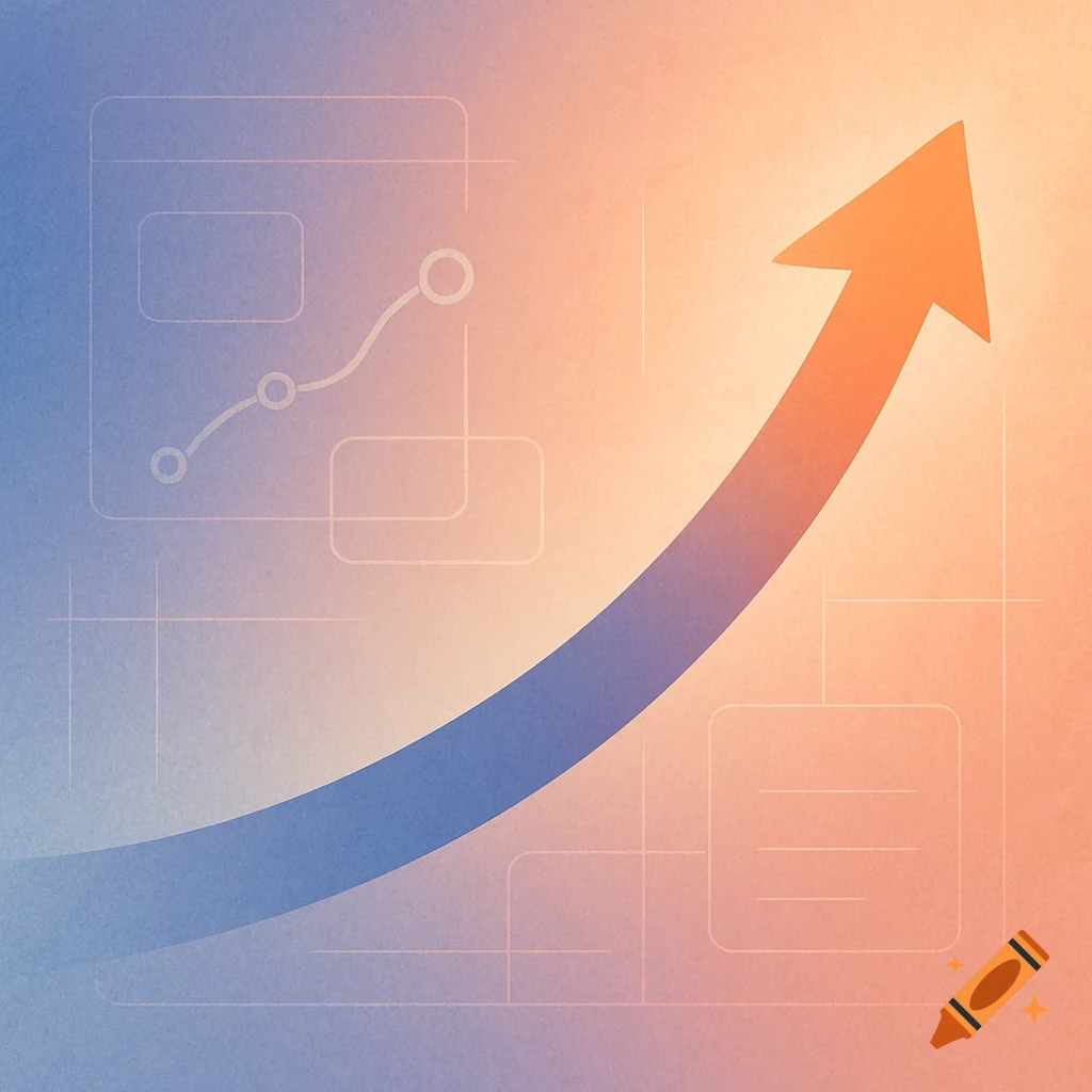 An orange and blue gradient arrow curves upward on a textured background with abstract wireframe graph elements.