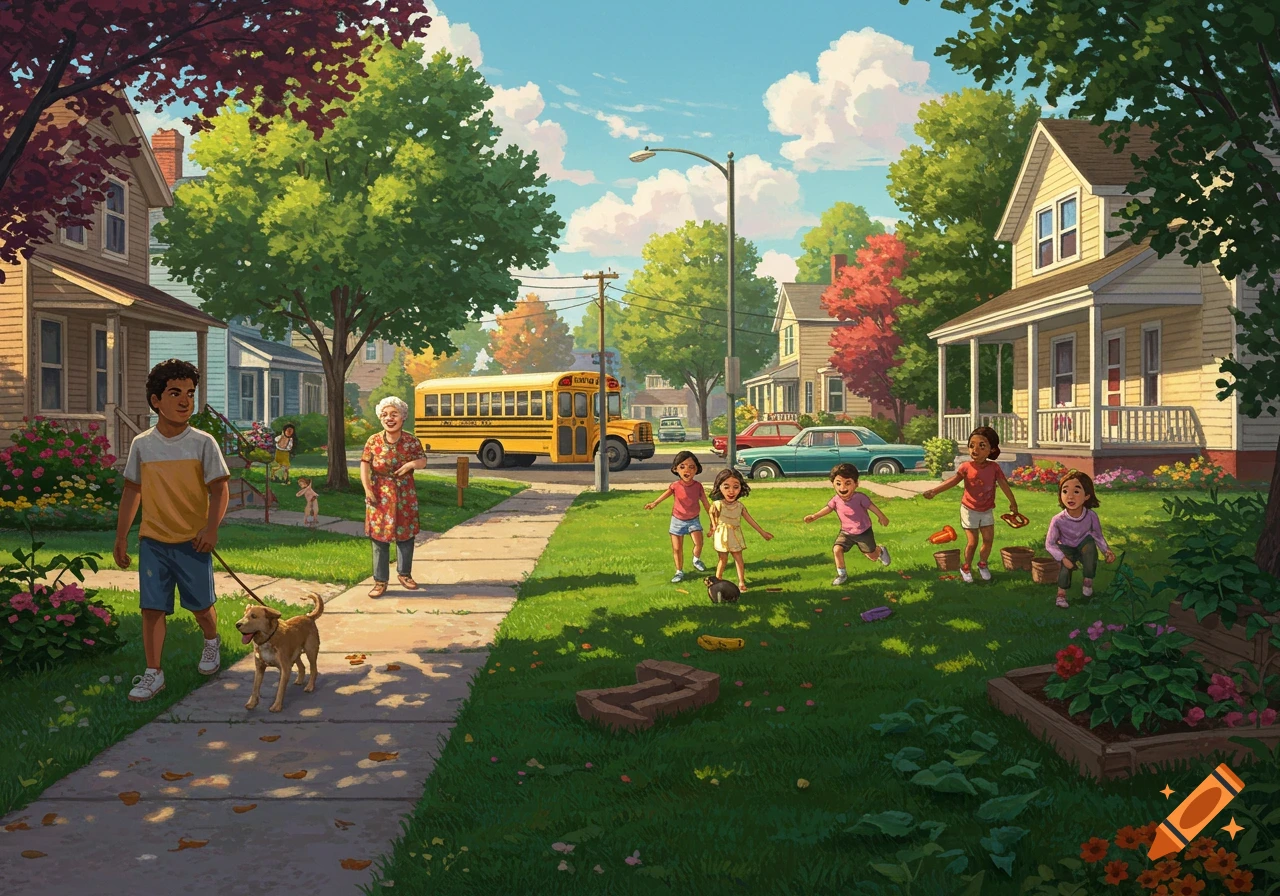 A vibrant illustration of a sunny suburban neighborhood with children playing in a yard, adults on a sidewalk, and a school bus on the street.