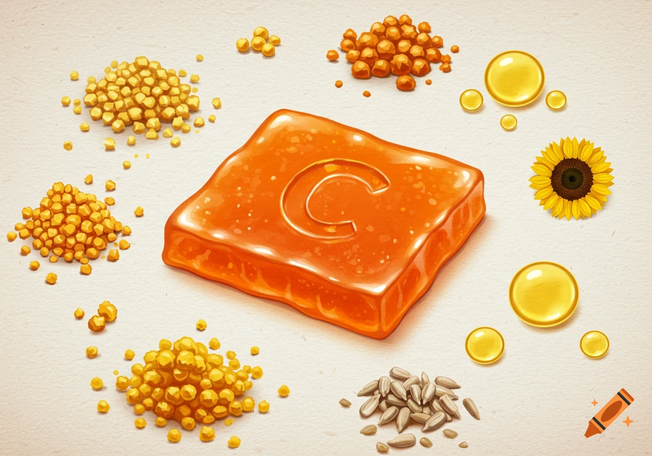 A square orange vitamin C gummy with a 'C' on it, surrounded by piles of yellow granules, orange pellets, sunflower seeds, and yellow oil droplets on a light background.