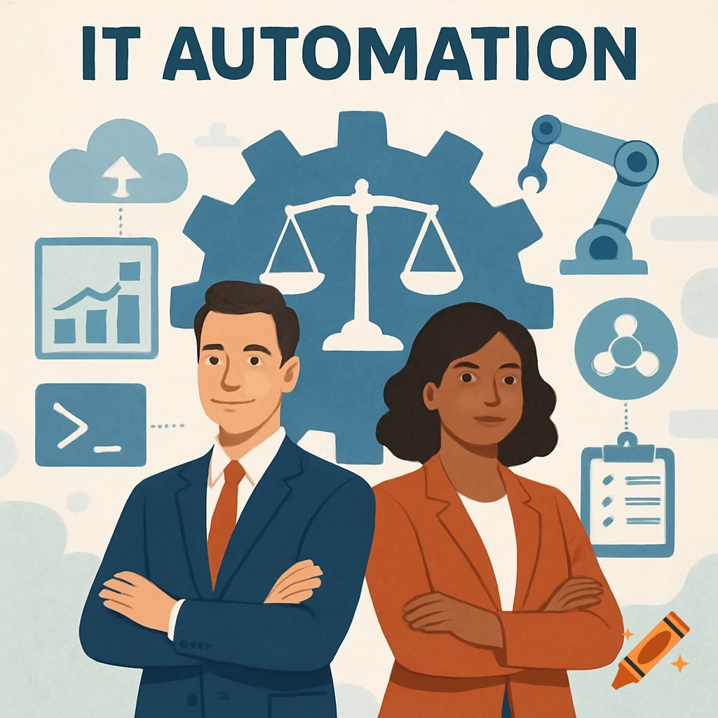 Corporate illustration with a man and woman surrounded by IT automation symbols and 'IT AUTOMATION' text.
