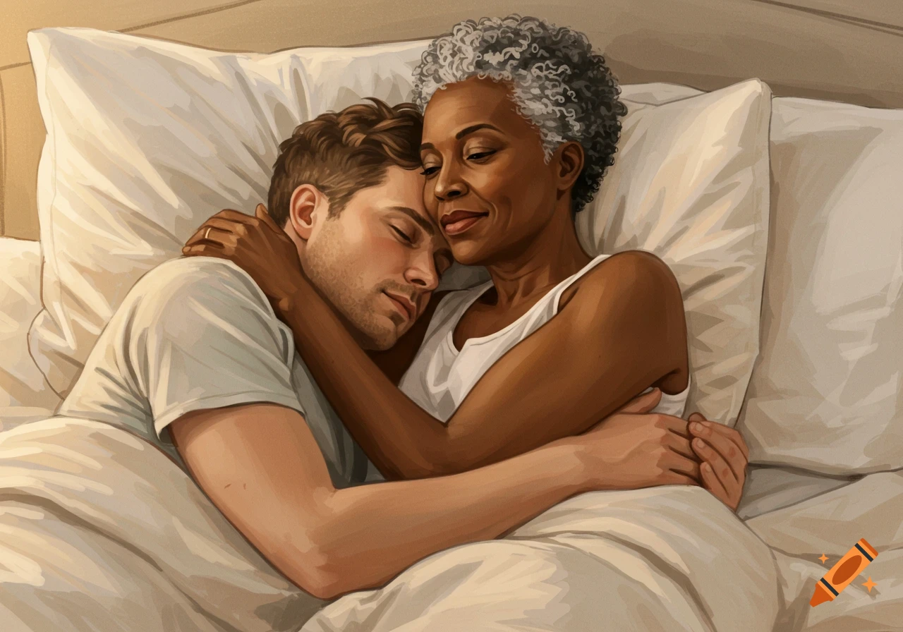 A mature Black woman with salt and pepper hair cuddles a younger white man in bed.