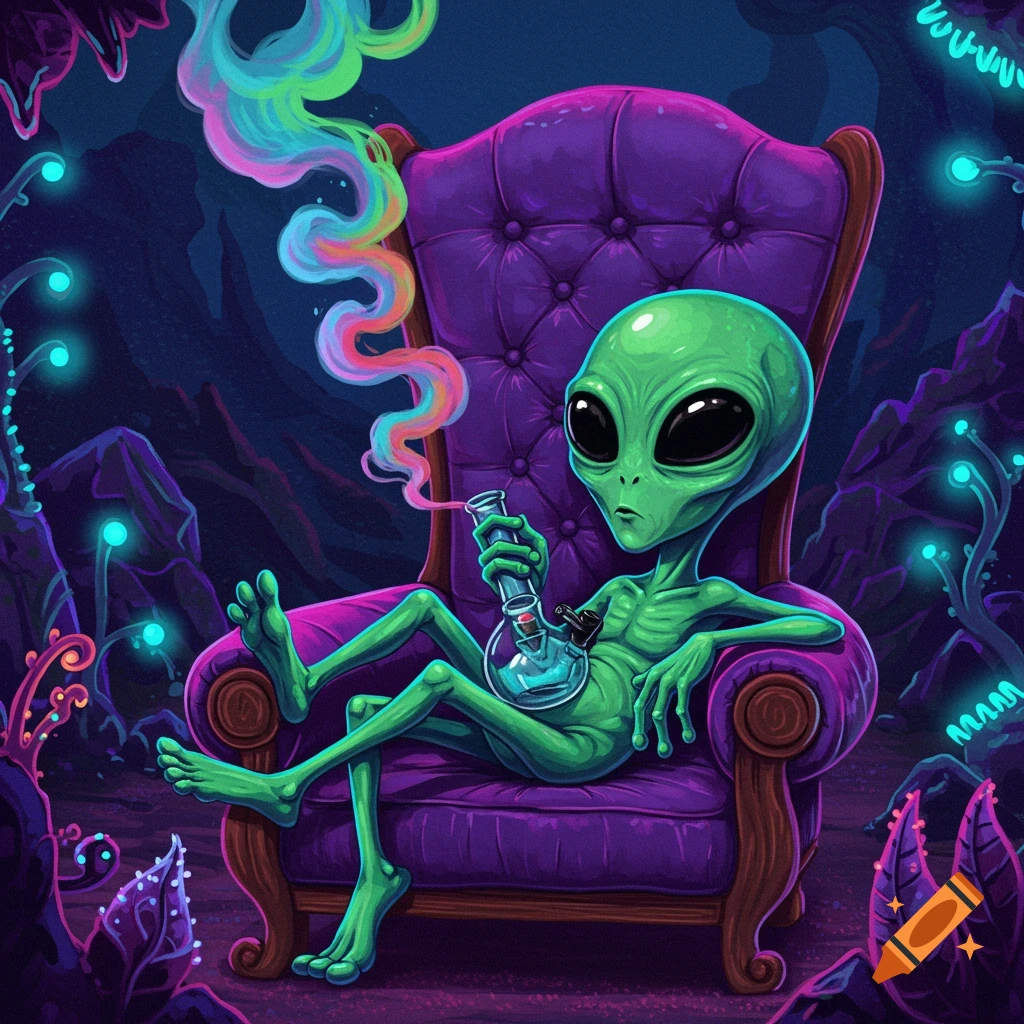 A vibrant green alien with large eyes sits in a purple armchair, smoking a bong with colorful smoke in a psychedelic landscape.