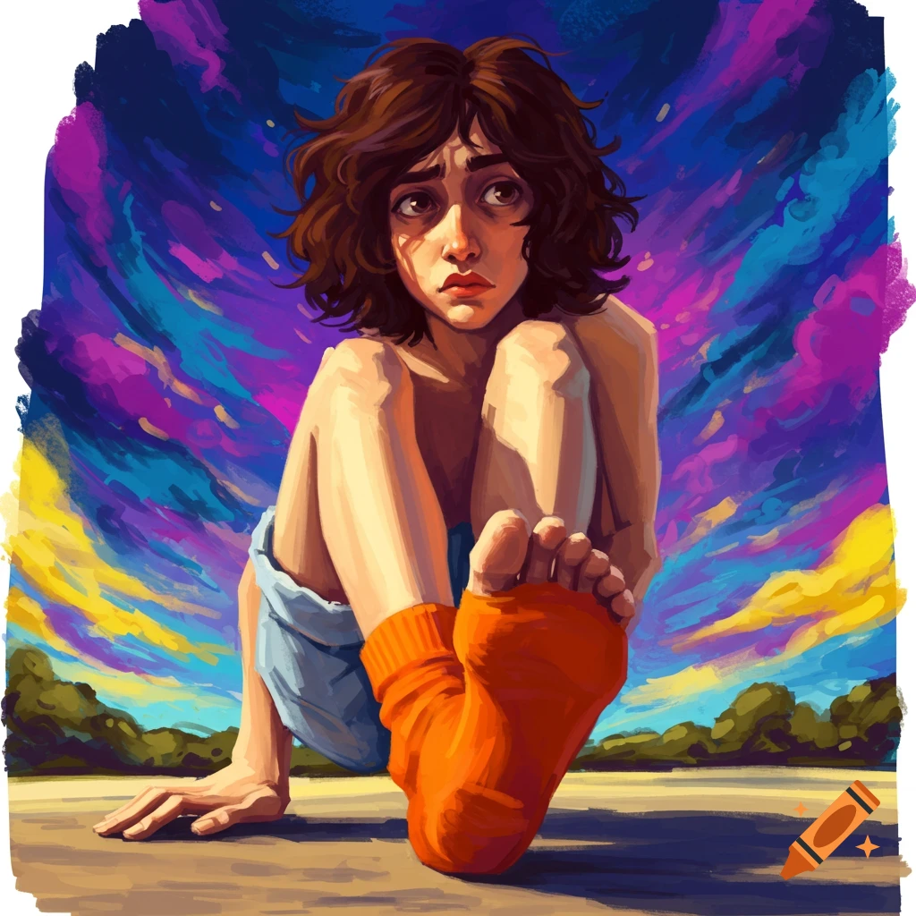 A worried young person with brown hair sits on the ground wearing one orange sock, against a vibrant, painterly blue and purple sky.