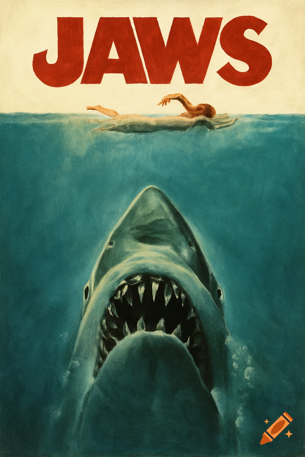 Classic Jaws movie poster with a shark rising from below a swimming person, text 'JAWS' at top.