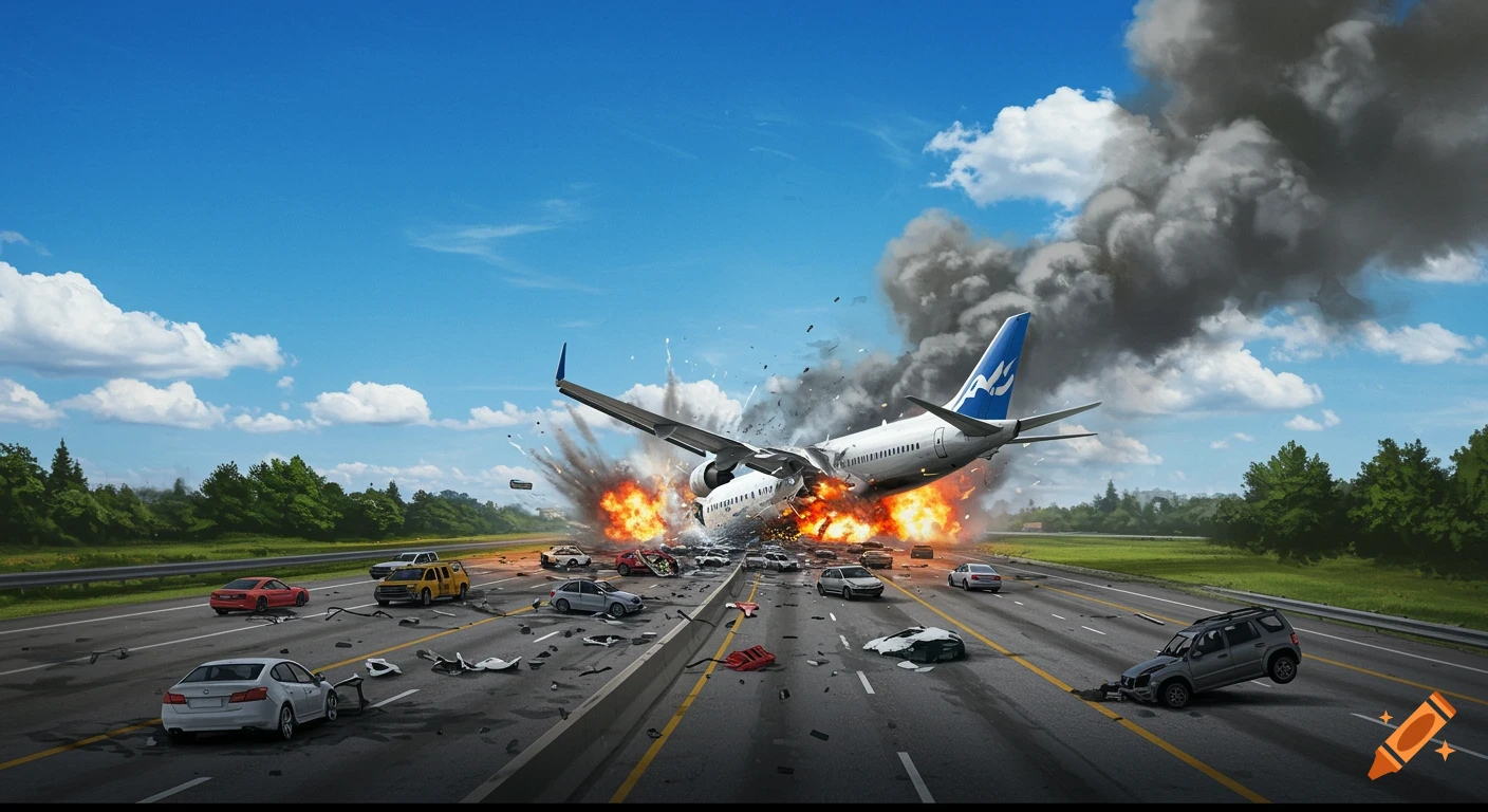 A large passenger plane crashes in flames on a busy highway, surrounded by damaged cars and debris, under a clear blue sky.