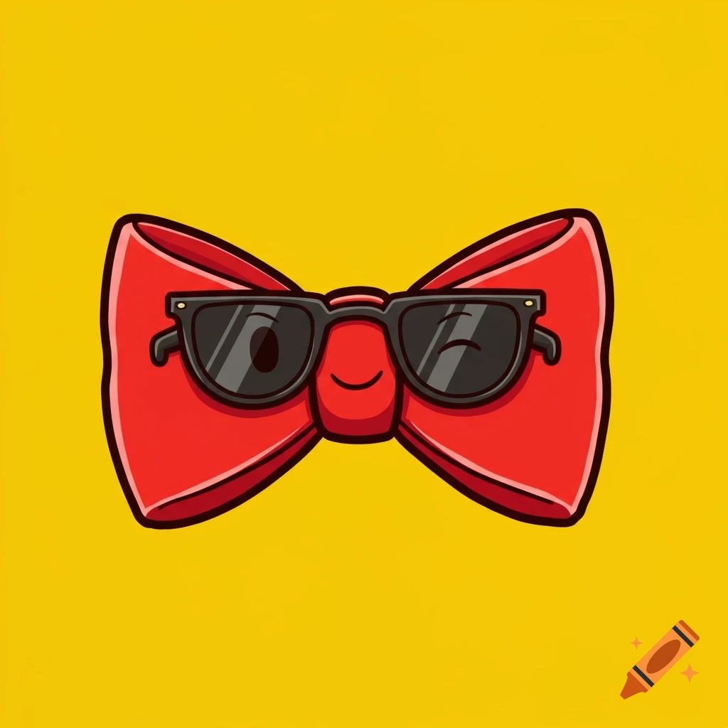 A red cartoon bowtie wearing black sunglasses with a subtle smile on a yellow background.