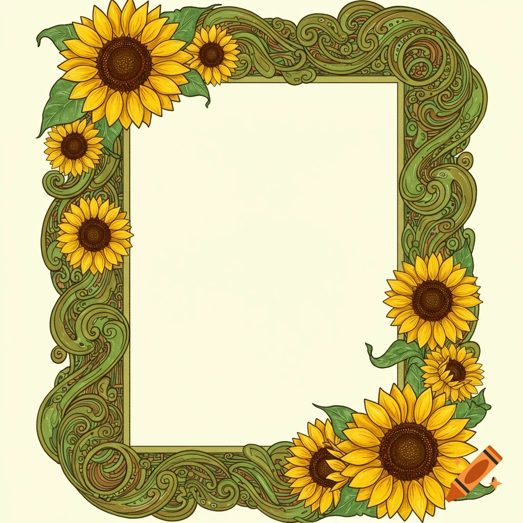A decorative border of vibrant yellow sunflowers and green swirling, organic patterns on a light background.