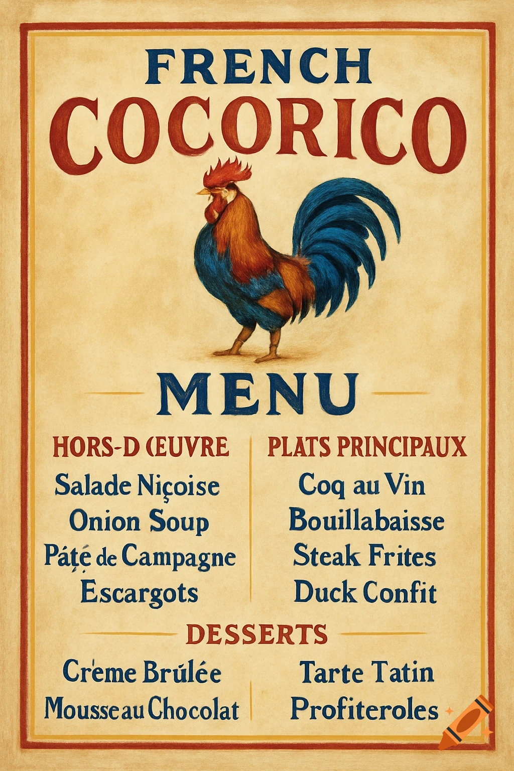 A vintage-style French restaurant menu with a colorful rooster illustration, listing classic dishes like Salade Ni\u00e7oise and Coq au Vin.