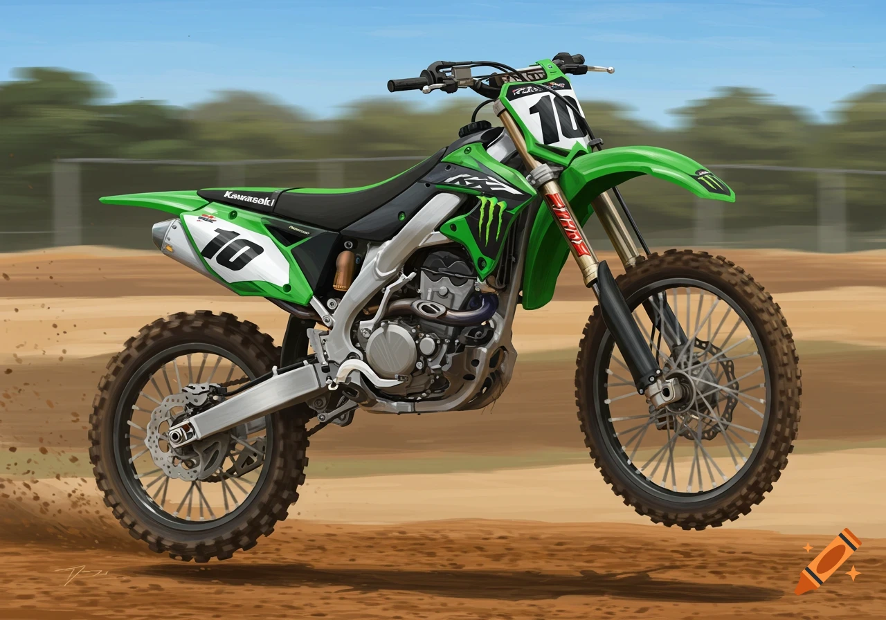 A green and black Kawasaki dirt bike with the number 10, suspended in air over a dirt track.