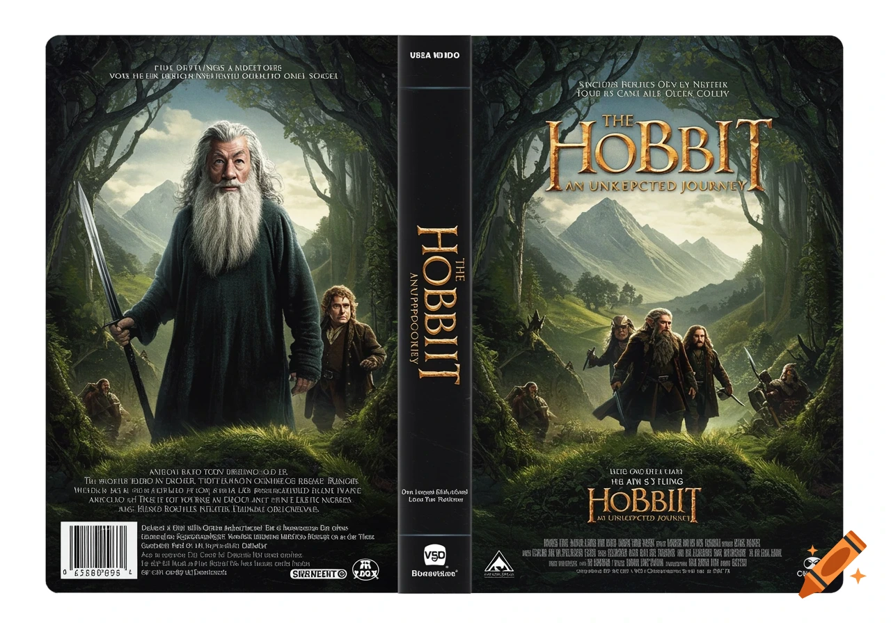 A VHS cover for The Hobbit: An Unexpected Journey featuring Gandalf, Bilbo, and dwarves in a lush forest with mountains in the background.