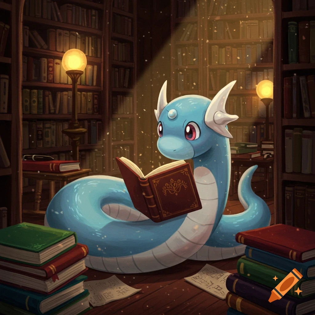 A cute blue Dratini reads a book in a cozy, softly lit library, surrounded by bookshelves and stacks of books.