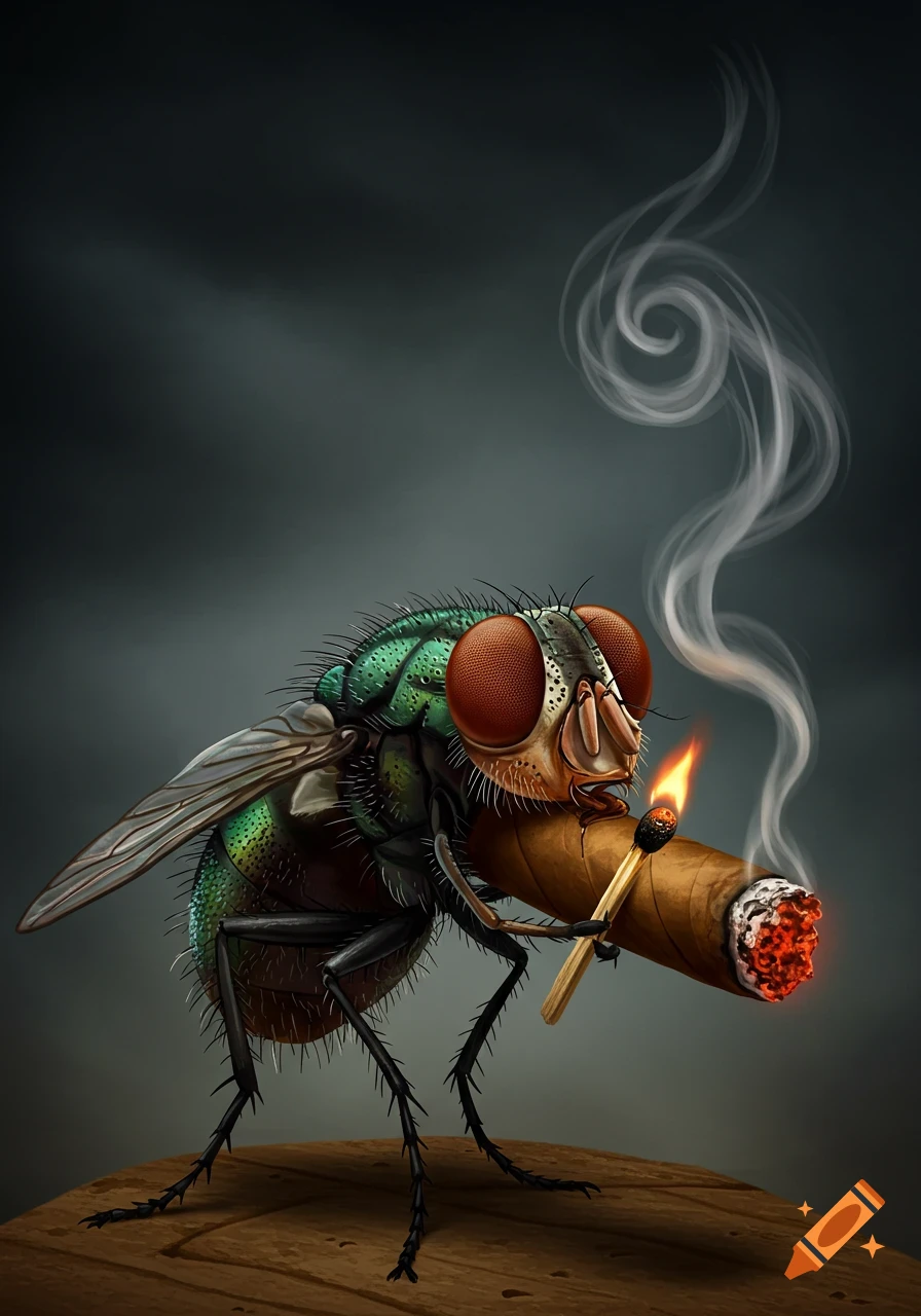 A detailed, cartoon illustration of a large fly holding a lit cigar and a burning match, with smoke rising in the background.