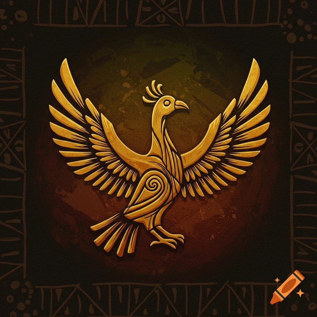 A golden, stylized bird with outstretched wings, resembling a Sankofa symbol, set against a dark, textured background with subtle patterns.