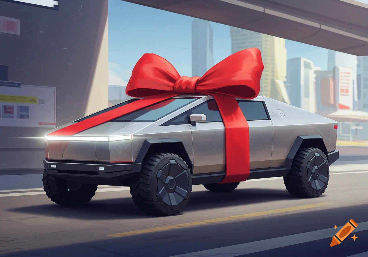 A silver Tesla Cybertruck with a large red gift bow parked on a city street, depicted in a clean, stylized illustration.