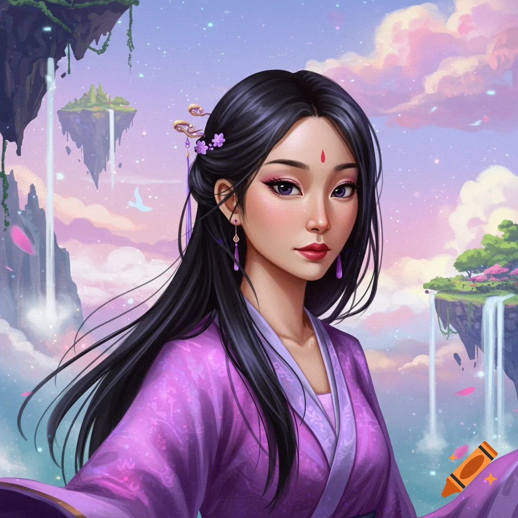 A woman with long dark hair in a purple dress stands in a fantasy landscape with floating islands and waterfalls, digital art.