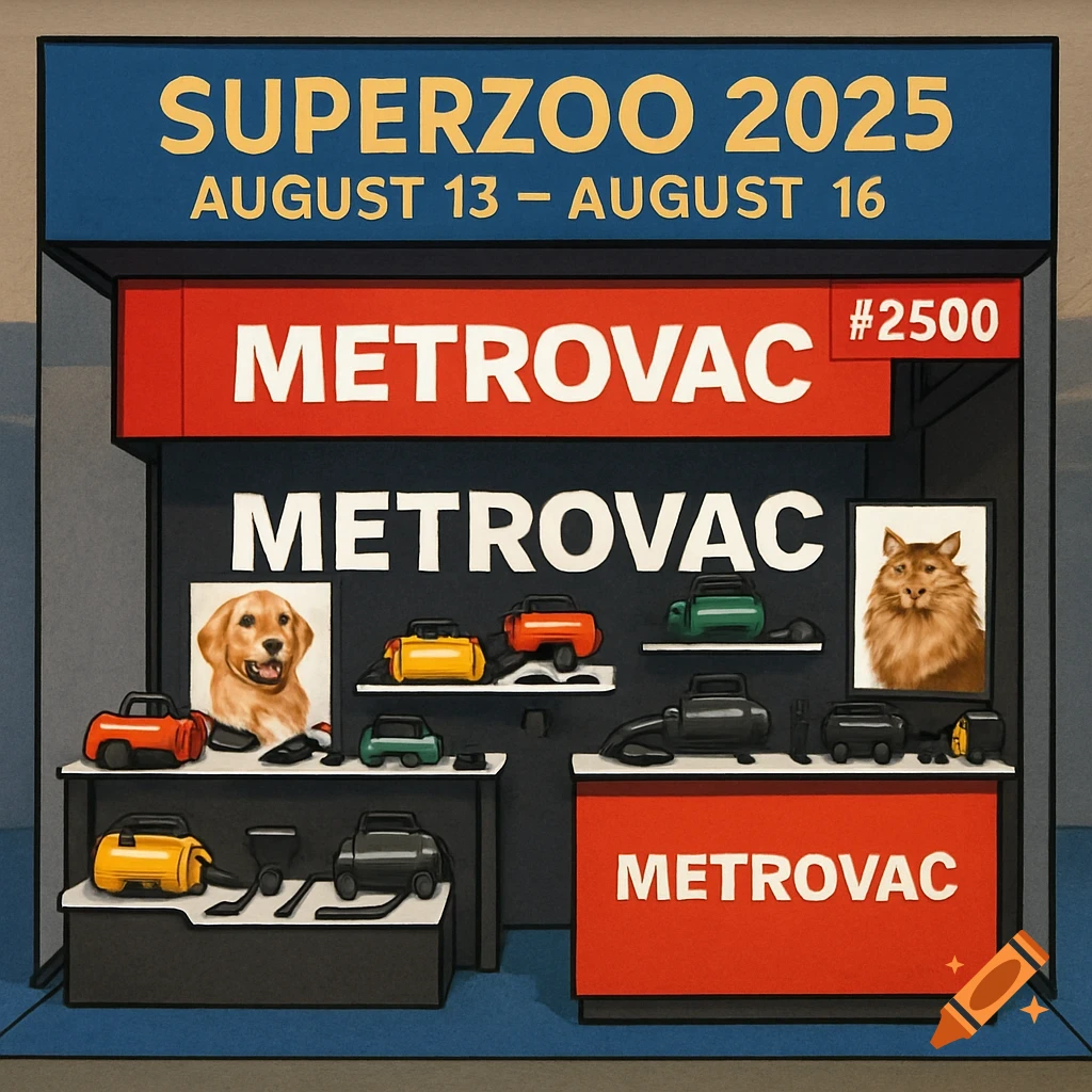 A colorful trade show booth for Metrovac at Superzoo 2025, displaying portable vacuums and featuring images of a dog and a furry animal.