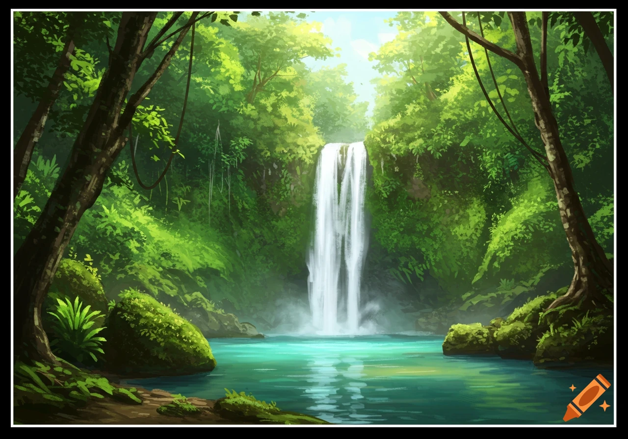 A vibrant illustration of a lush tropical jungle with a large waterfall cascading into a clear turquoise pool surrounded by dense green foliage.
