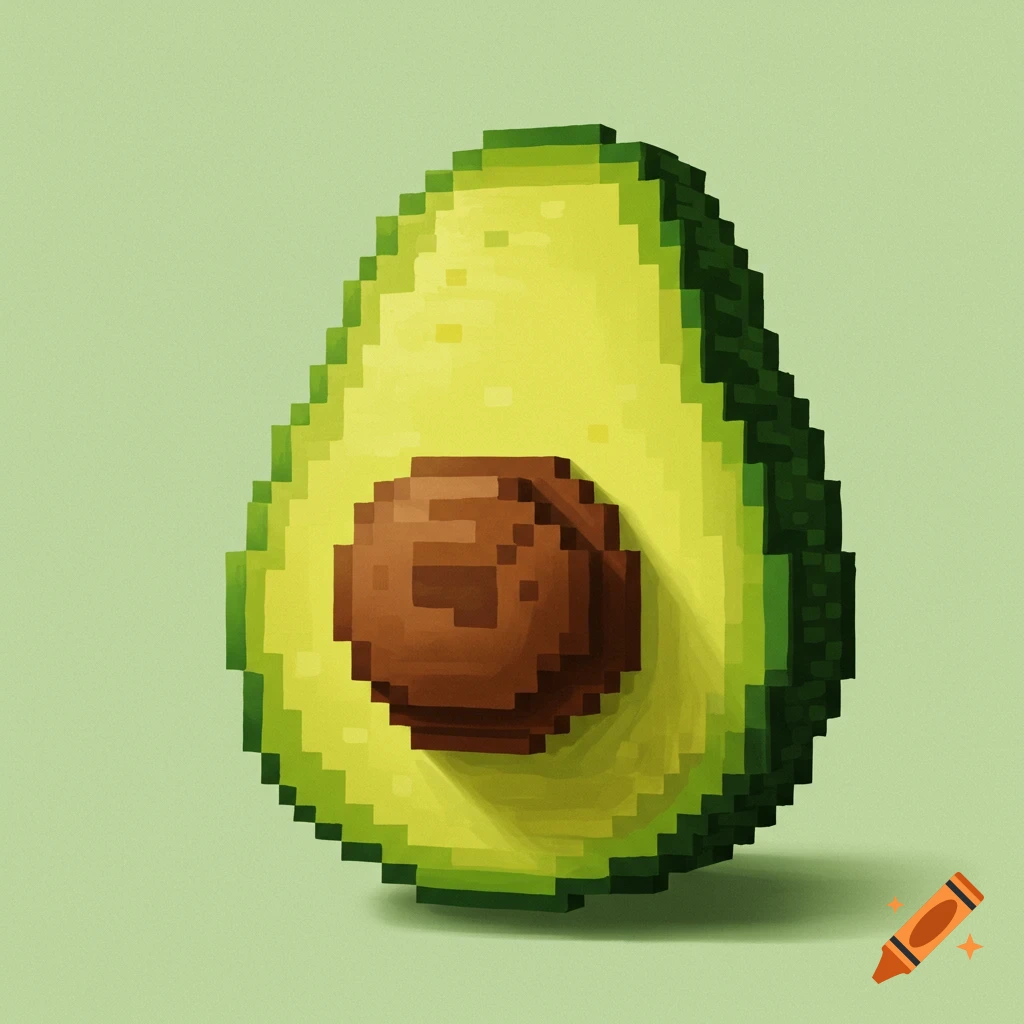 A pixel art depiction of an avocado, cut in half to show the green flesh and brown pit, on a light green background.