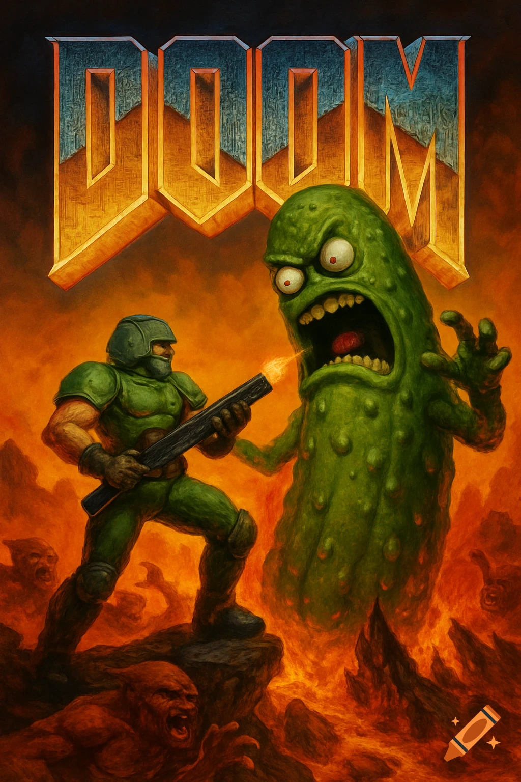 Doom guy fighting a giant green pickle monster in a hellish landscape with the DOOM logo above, in a painterly comic book style.