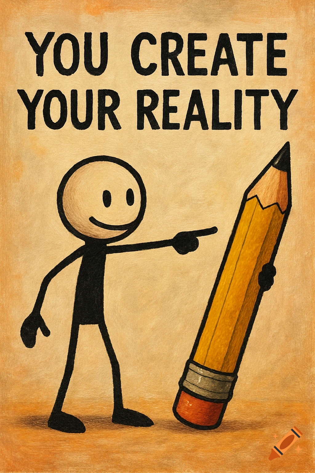 A stickman points to a large yellow pencil, with the text 'YOU CREATE YOUR REALITY' above them on a textured background.