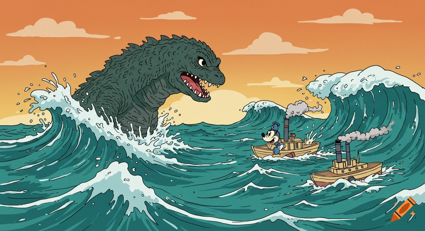 Godzilla emerges from large waves, pursuing Steamboat Willie on a small boat, in a colorful 2D cartoon style.