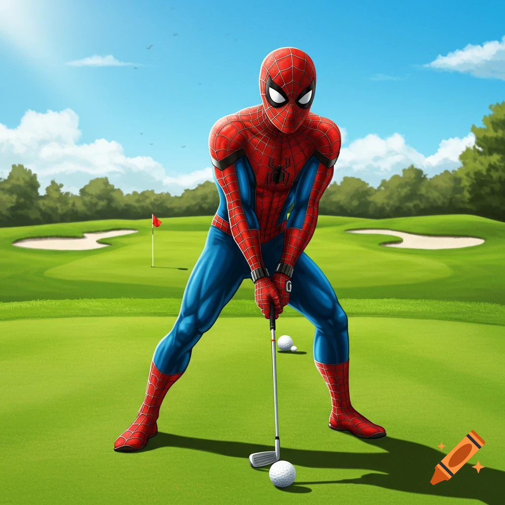 Spider-Man in his red and blue suit, holding a golf club and preparing to hit a golf ball on a green golf course under a clear blue sky.
