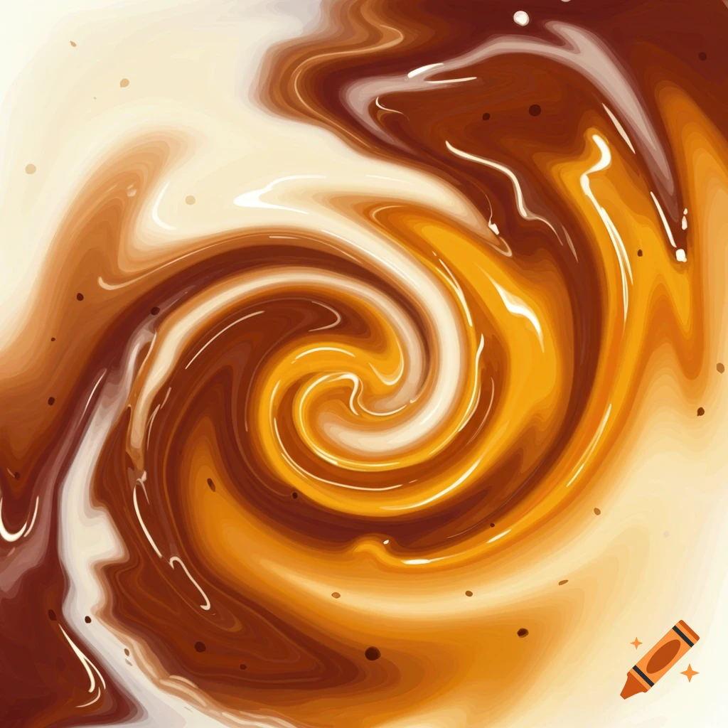 A swirling abstract pattern of brown, golden, and cream-colored liquids mixing, resembling tea, honey, and milk.