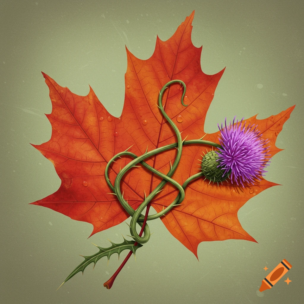 A vibrant orange maple leaf with a green thorny thistle vine and purple flower interwoven across it, on a muted green background.