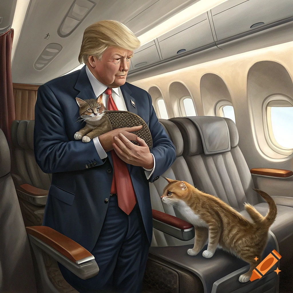 Donald Trump, in a suit and red tie, holds a tabby cat in a carrier while another ginger cat stands on an airplane seat.