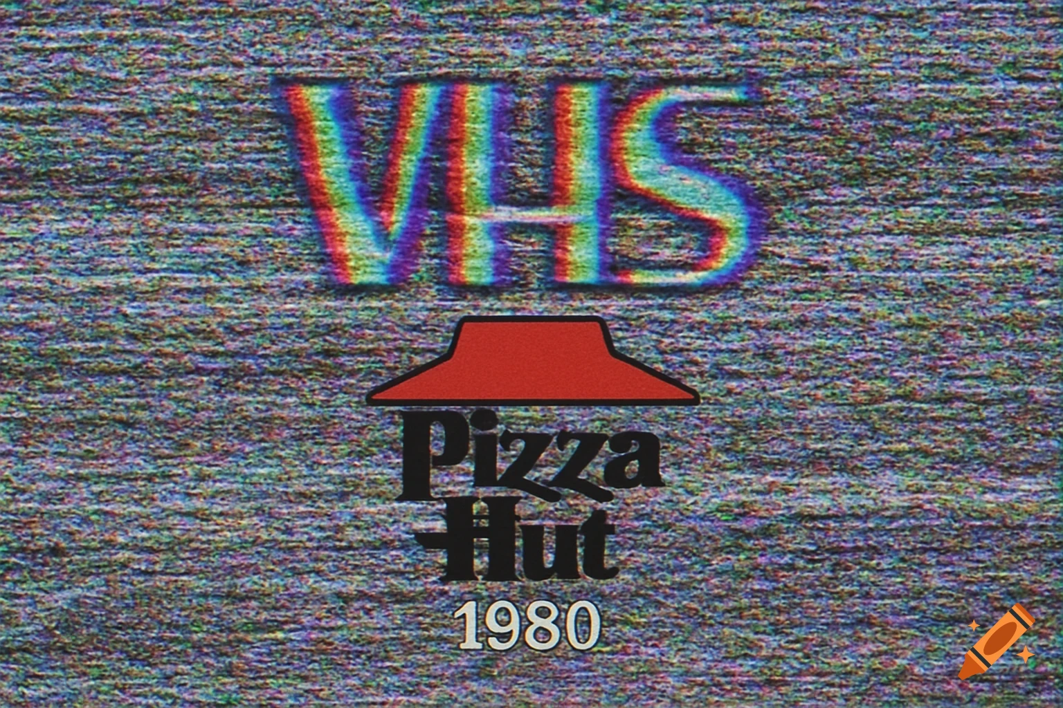 A retro TV static screen featuring a distorted rainbow-colored 'VHS' text, the red Pizza Hut logo, and 'Pizza Hut 1980' text below.