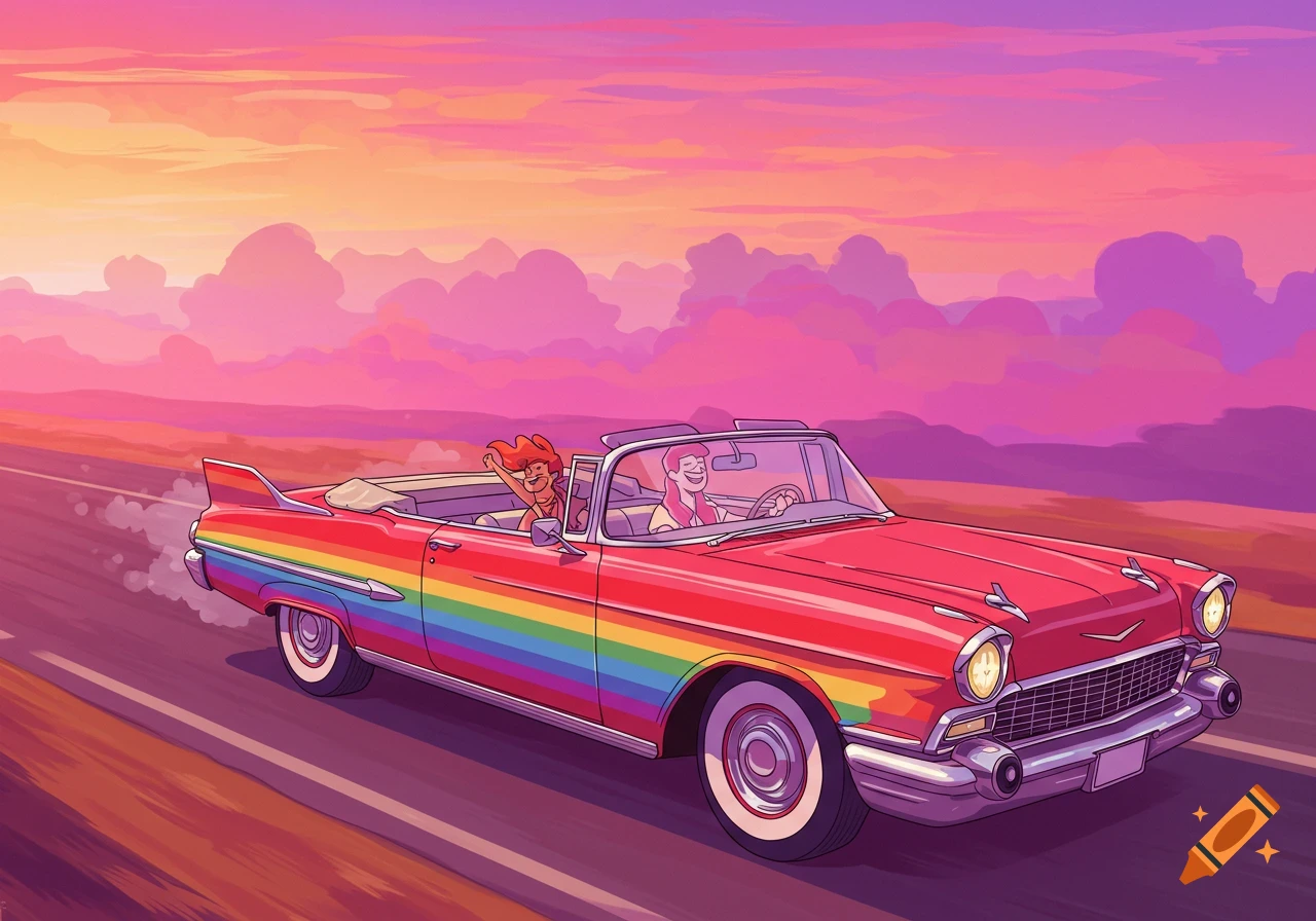 Two cartoon people in a red convertible with a rainbow stripe driving into a pink and orange sunset.