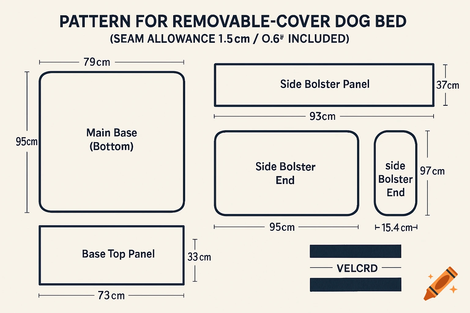 A technical pattern design for a removable-cover dog bed, showing various rectangular and rounded fabric pieces with dimensions in centimeters, including main base, bolster panels, and velcro strips.