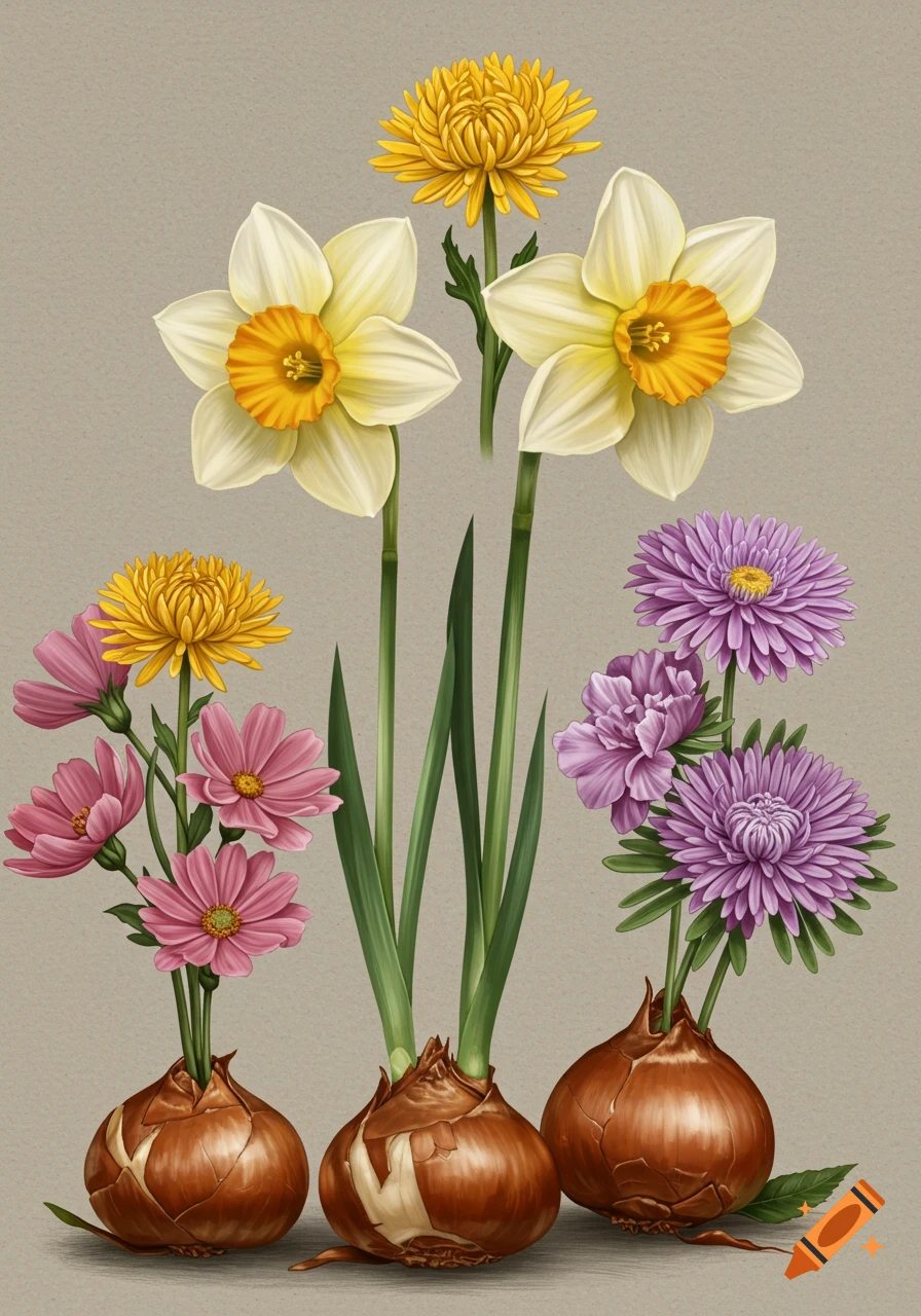 A botanical illustration of yellow chrysanthemums, white and yellow daffodils, pink cosmos, and purple asters with their bulbs.